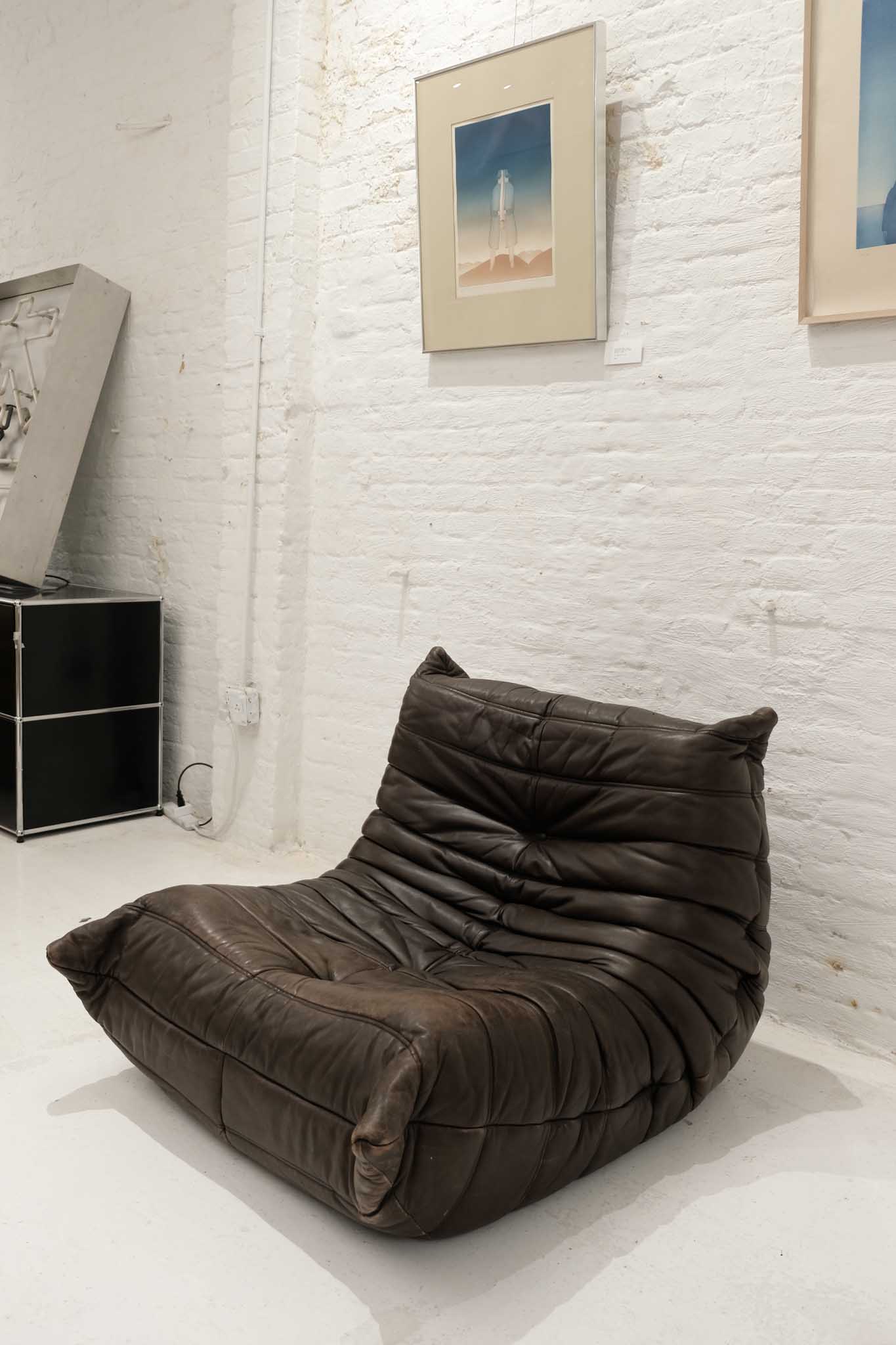 Ligne Roset Brown Leather Fireside Togo Sofa by Michel Ducaroy