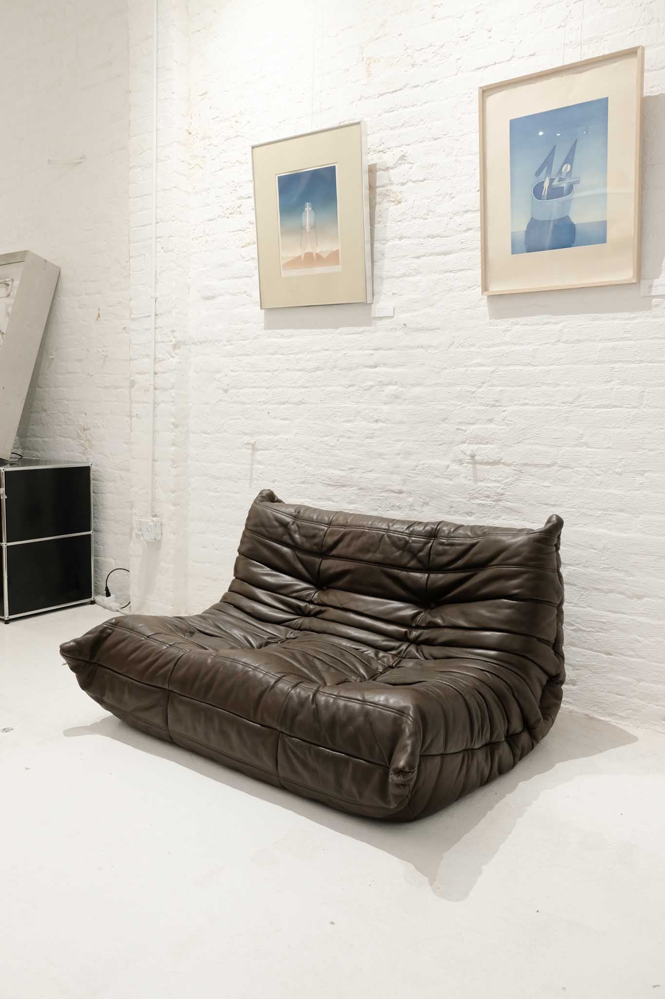 Ligne Roset Brown Leather Loveseat Togo Sofa by Michel Ducaroy