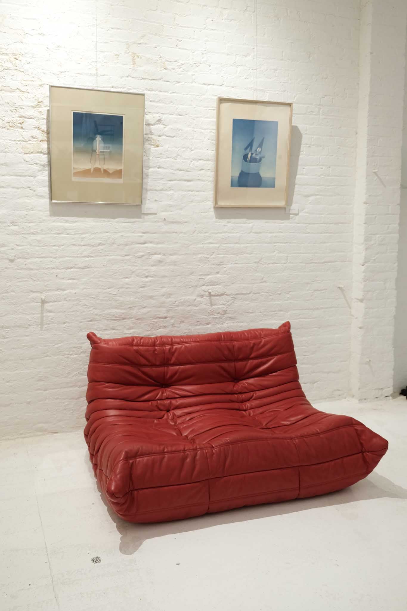 Ligne Roset Red Leather Loveseat Togo Sofa by Michel Ducaroy