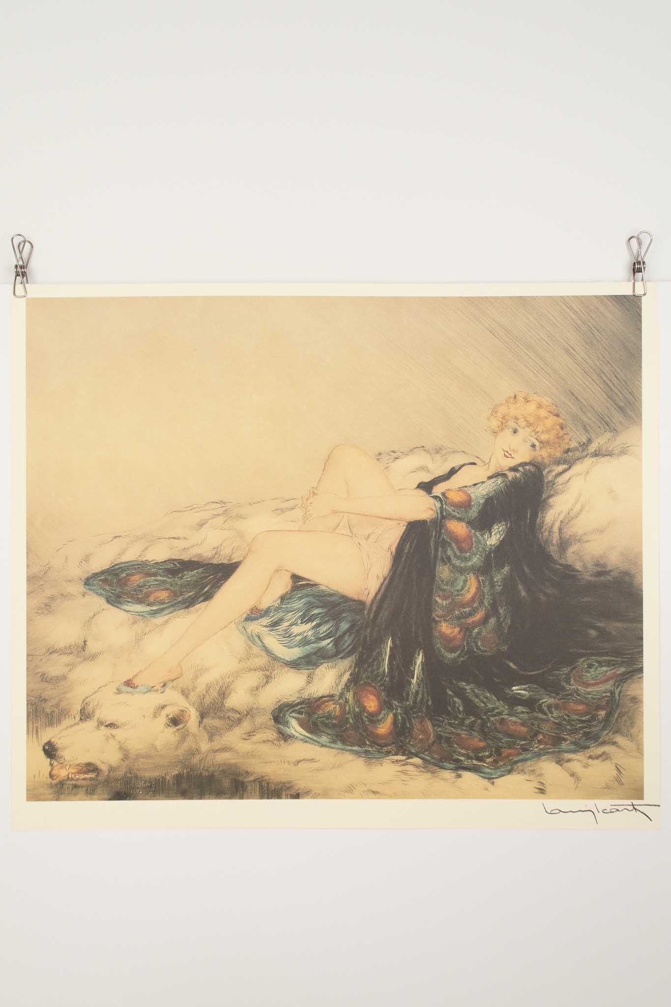 Louis Icart "Lady with Bear Rug" Print