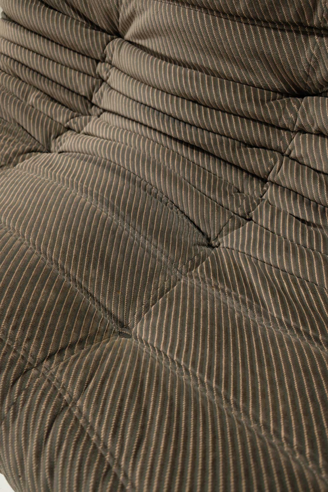 Ligne Roset Brown Stripe Fabric Loveseat Togo Sofa by Michel Ducaroy